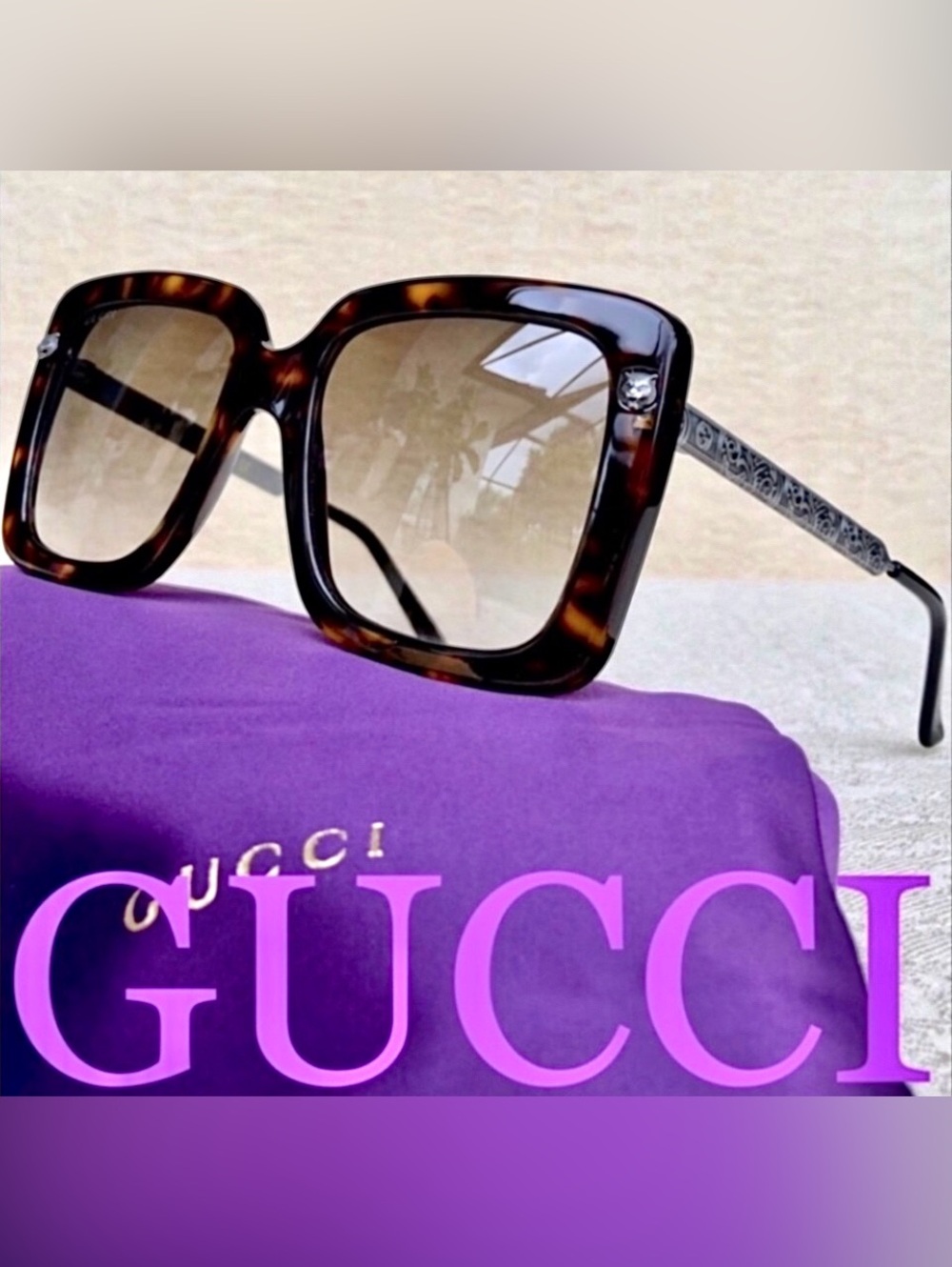 GUCCI 53 mm oversized square tiger head symbol metal + acetate frame sunglasses